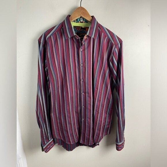 Robert Graham Stripes Paisley flip cuff red blue Mens button up Shirt Size Large - Picture 1 of 12